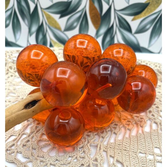Vintage MCM Amber Orange Lucite Grape Cluster Large Bamboo Stem - Picture 1 of 9